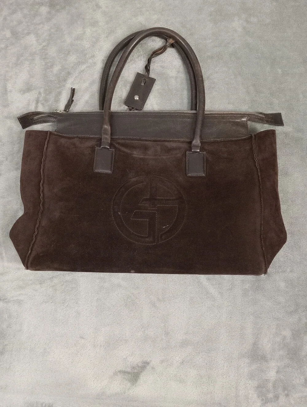 Georgio Armani Dark Brown Suede Women's Tote Bag with Leather Handles One Size